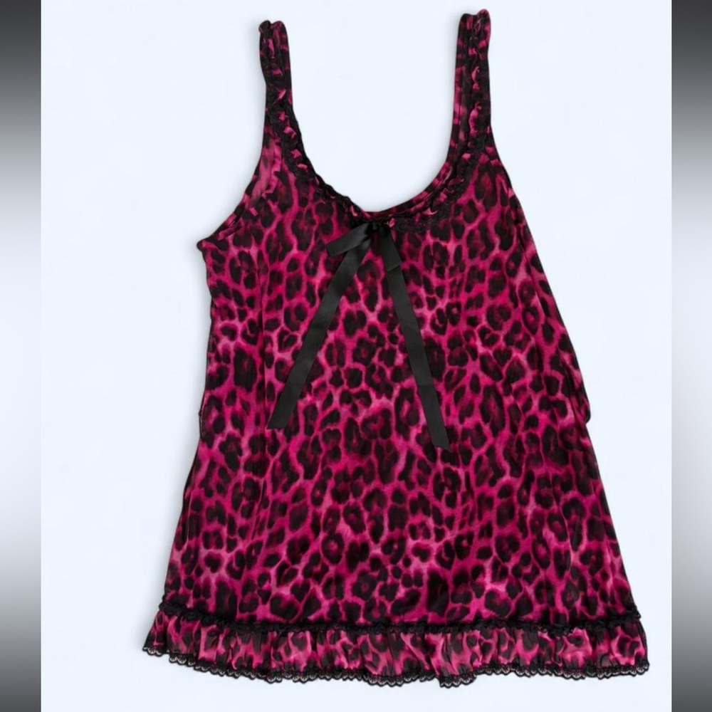Pink Leopard Print Satin Cami with Black Bow